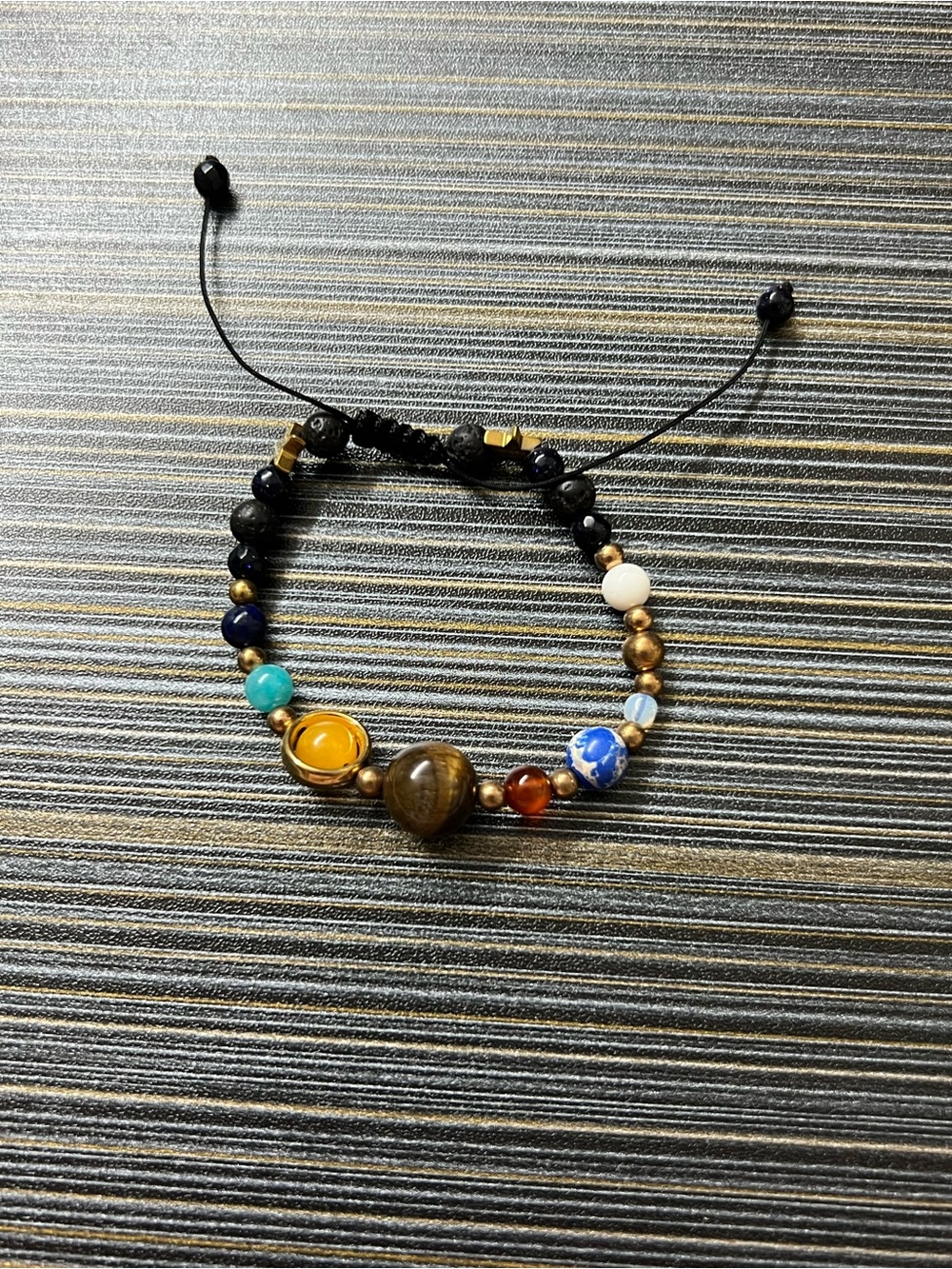 Solar System Eight Planets Gemstone Beaded Bracelet Adjustable Black Cord Galaxy